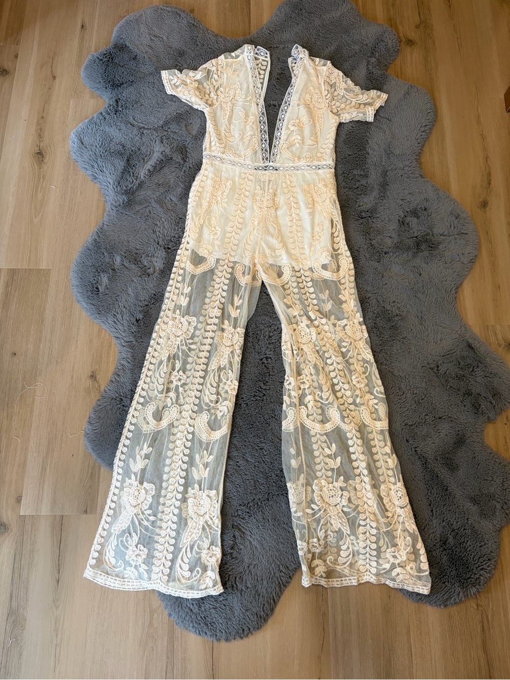 Cream Lace Plunge V-Neck Jumpsuit